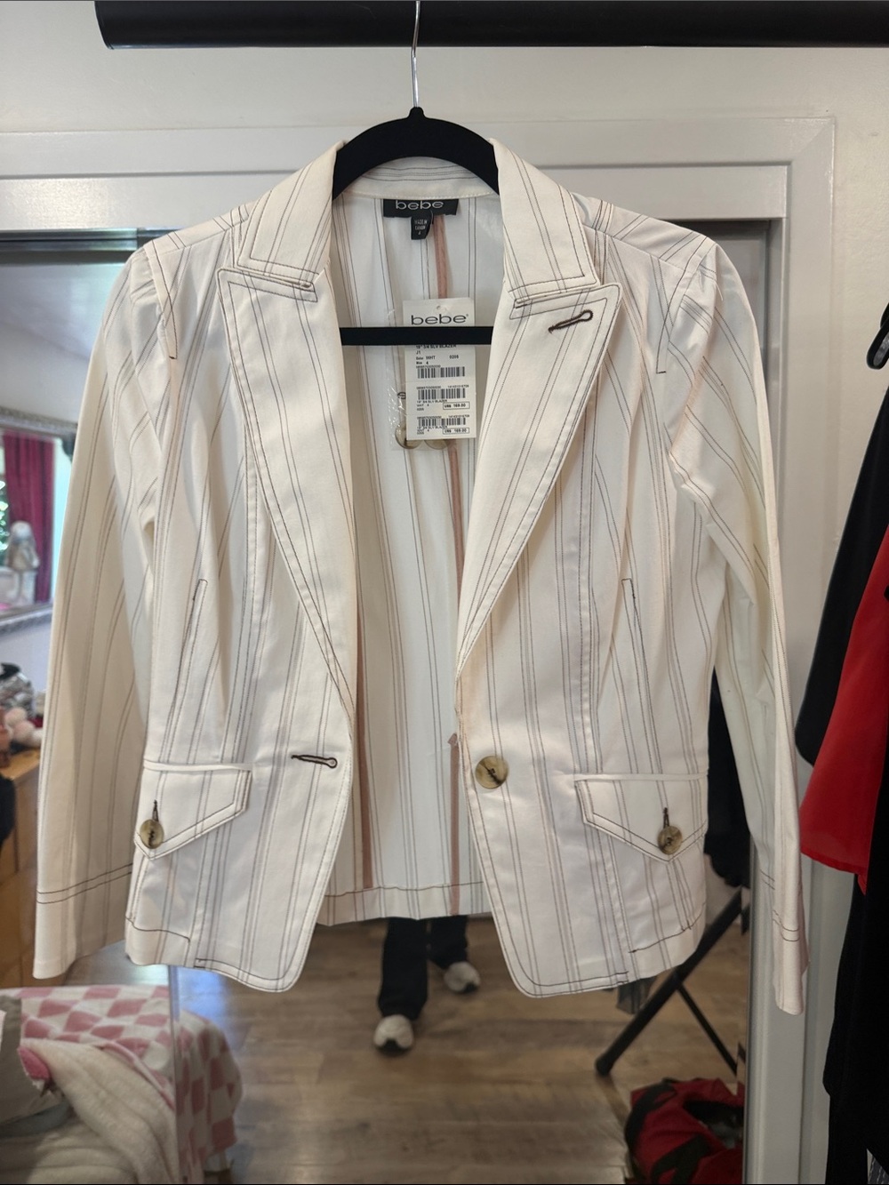 bebe Women's Cream Pinstripe Blazer vintage Y2K ๐